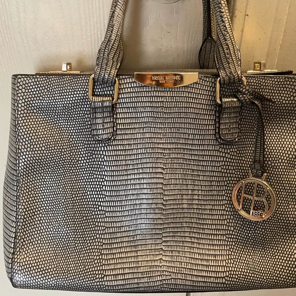 henri bendel Silver Black Textured Leather Satchel